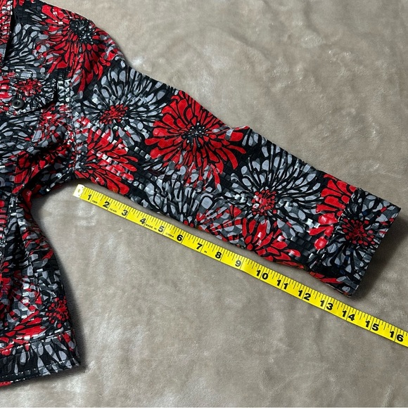 Ruby Rd Womens Shirt Jacket Red Gray Black Floral Shiny Size 10 - Picture 10 of 11